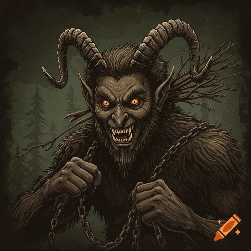 A scary, horned, furry Krampus creature with chains, set against a dark forest background.