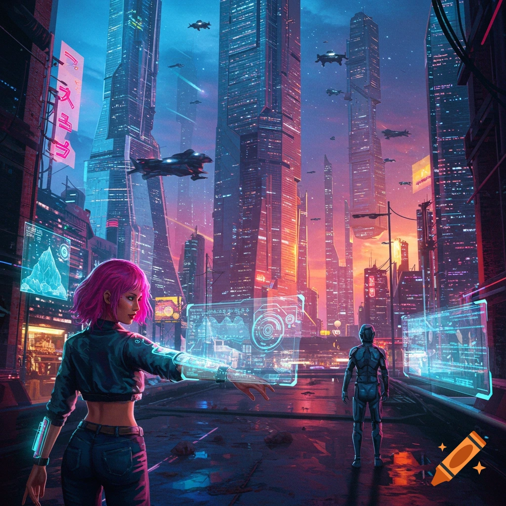 A woman with pink hair interacts with holographic displays in a futuristic cyberpunk city scene with a man in a suit.