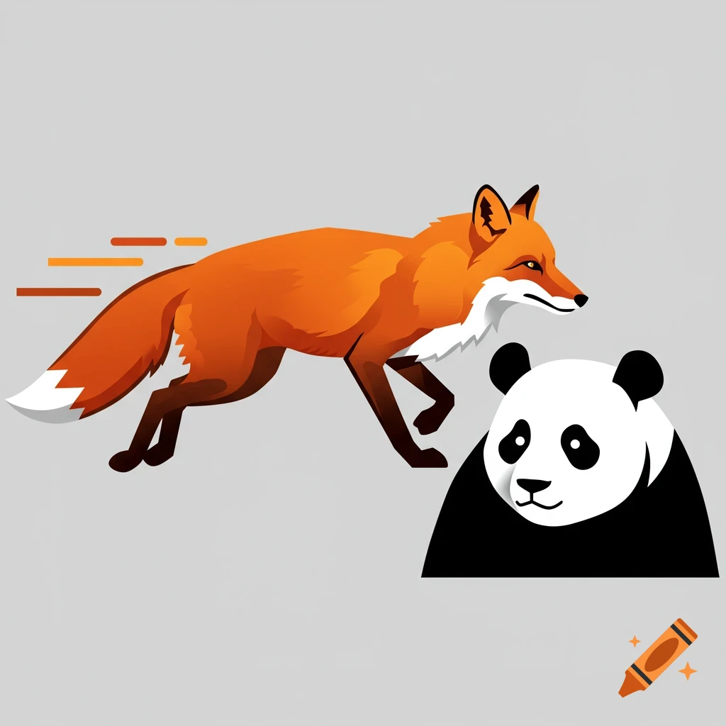 A vector illustration shows a red fox running past a giant panda bear.