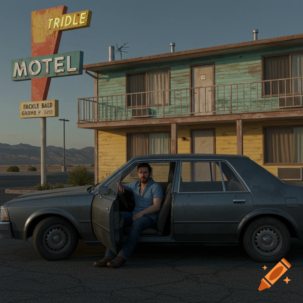 A man sits in a car parked in front of a motel sign and building.