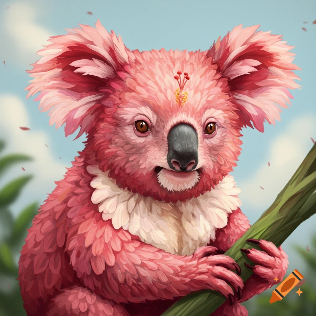A pink koala made of hibiscus petals, sitting on a branch.