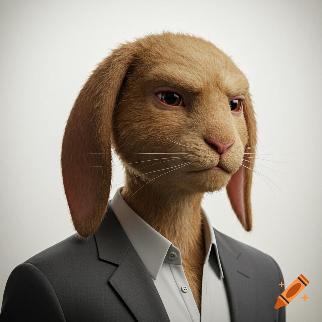 Photorealistic portrait of a serious-looking humanoid bunny in a suit