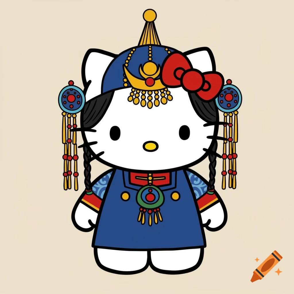 Hello Kitty wearing traditional Mongolian clothing and headpiece