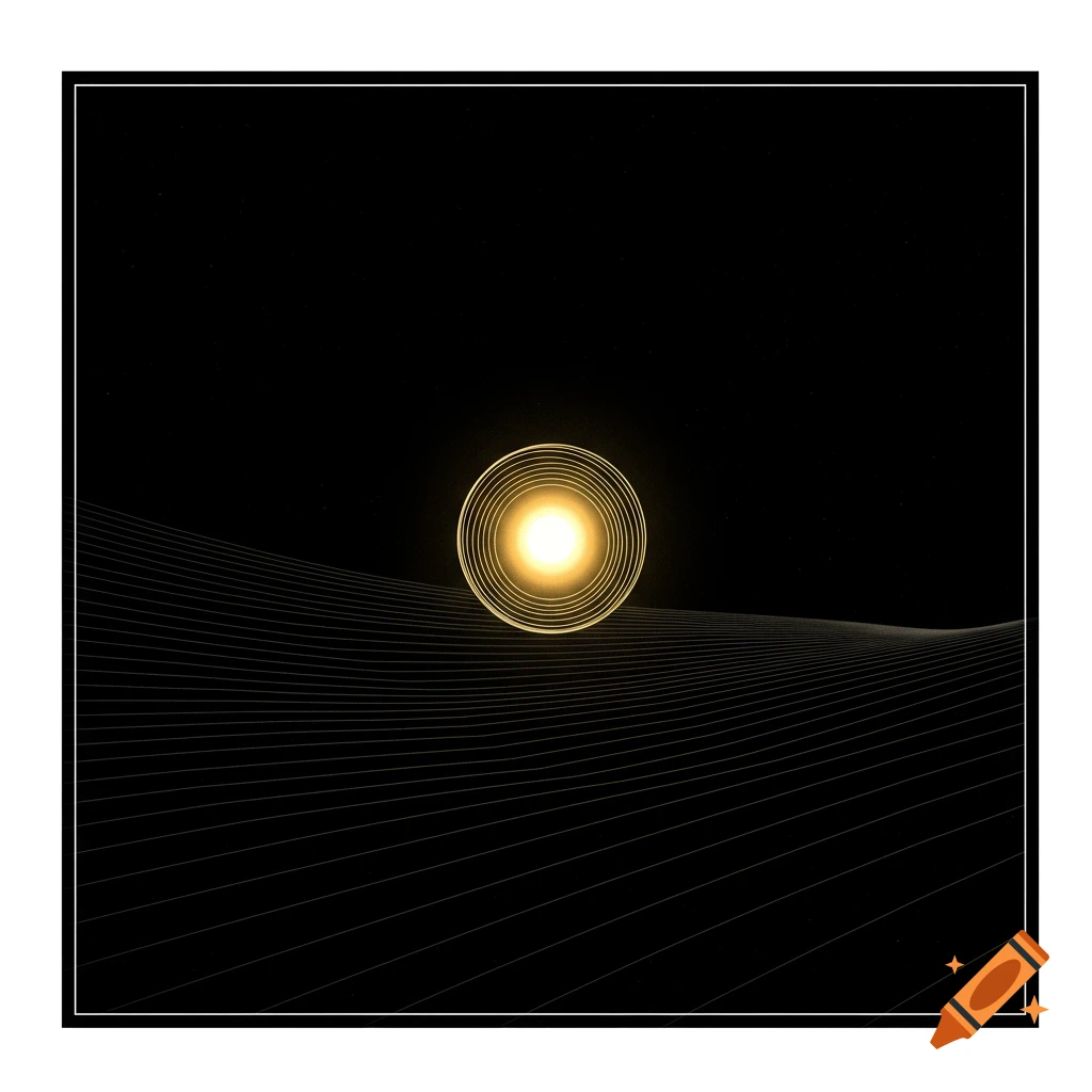 Glowing golden orb above abstract white lines on black background.