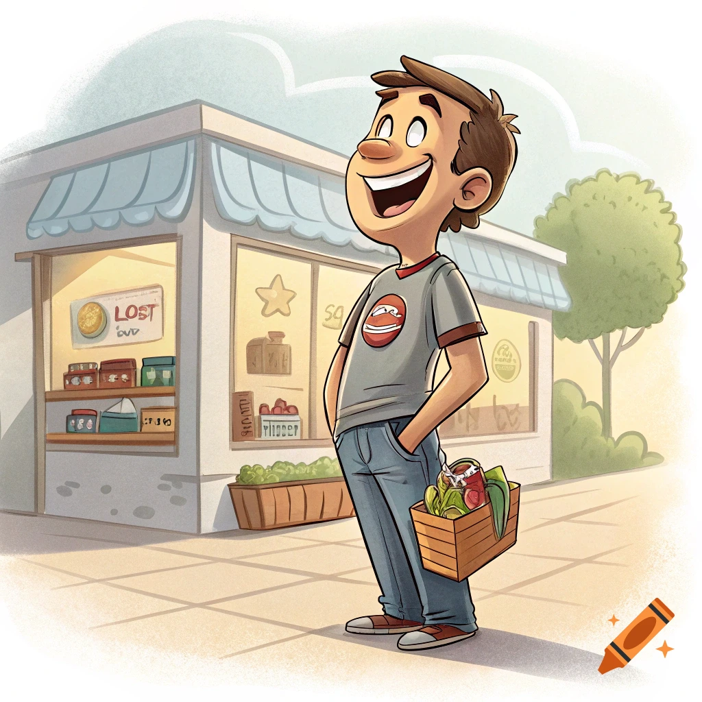 Cartoon boy with vegetables outside a store.