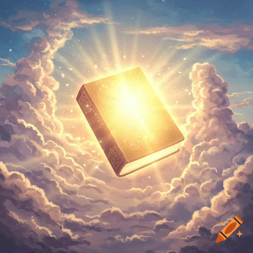 A radiant book floats surrounded by golden light and clouds in a divine sky, digital art.