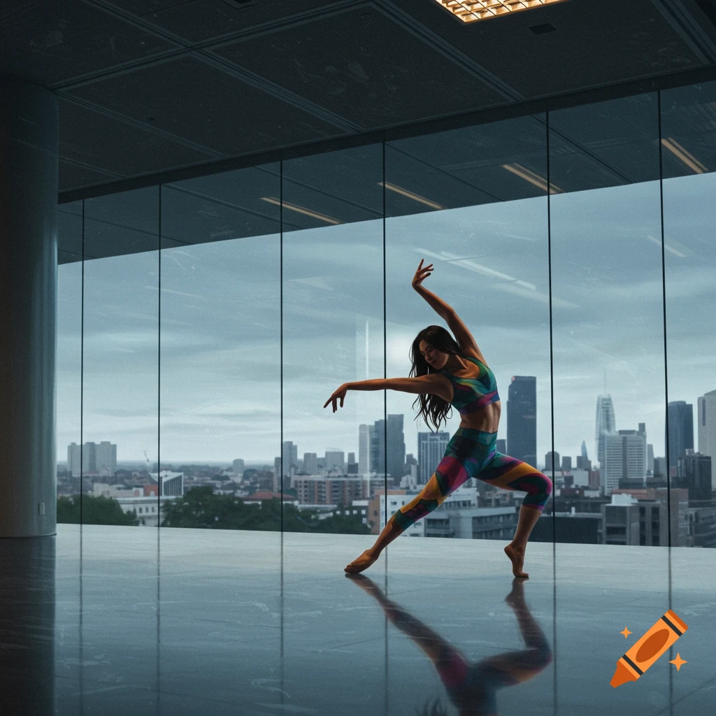 A dancer is posing in athletic wear in a modern glass building overlooking a city.