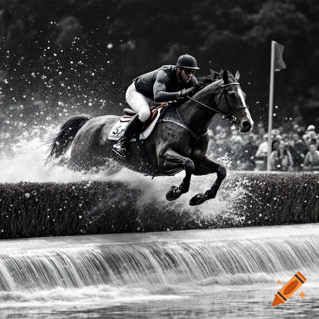 Black and white photo of a horse and jockey jumping over a steeplechase water barrier.