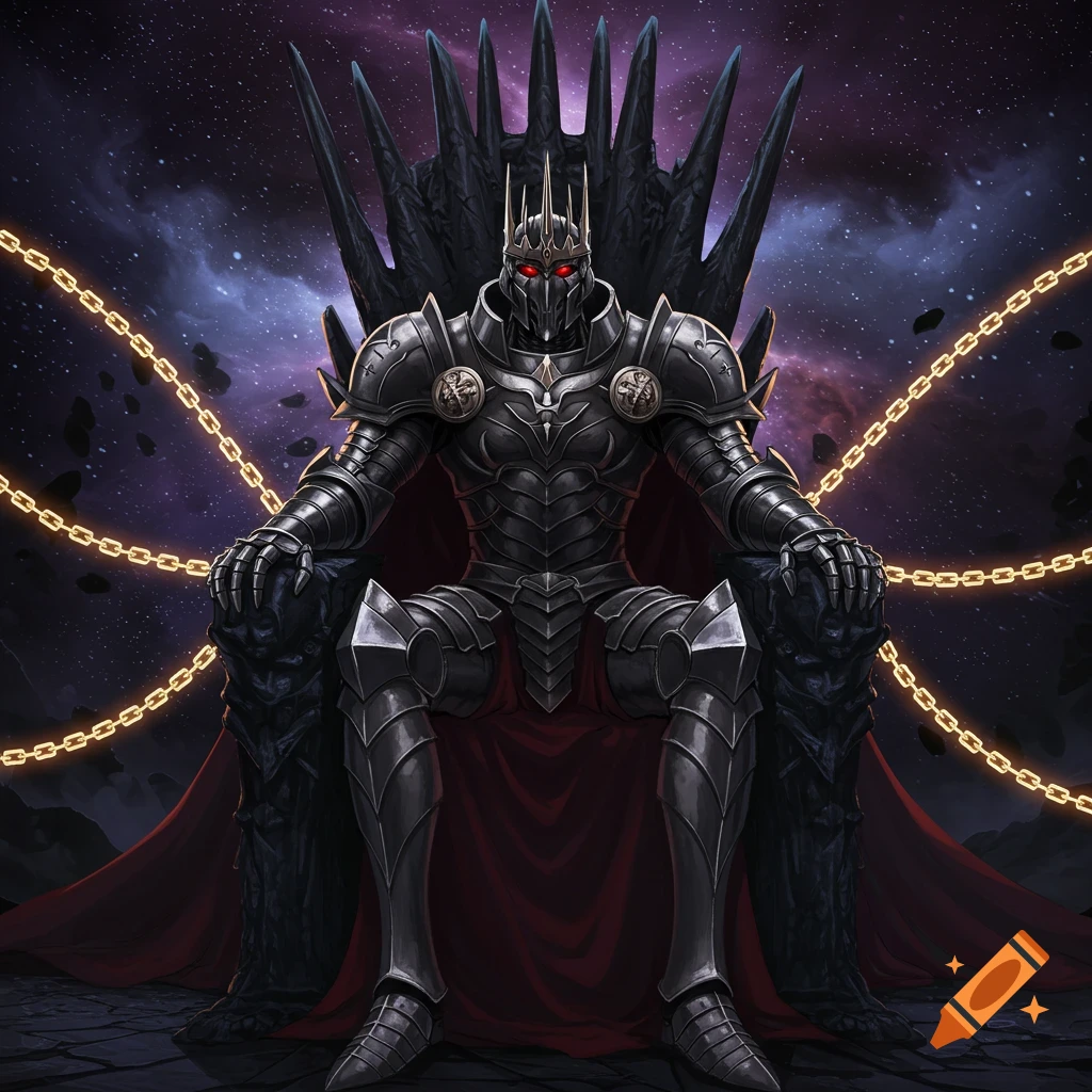 A stoic armored king with crimson eyes sits on a dark, spiky throne, bound by golden chains in a starry nebula space setting.