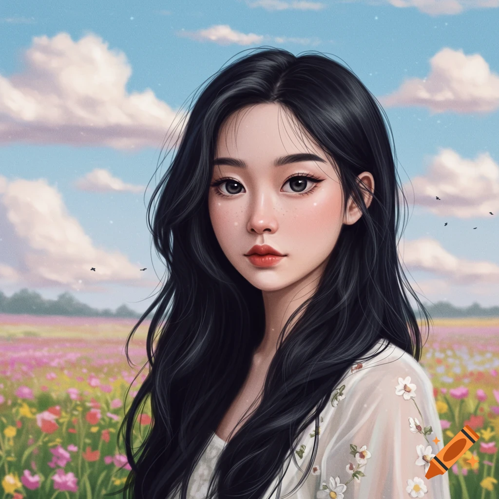 Portrait of a girl with long dark hair standing in a field of colorful flowers under a cloudy sky.