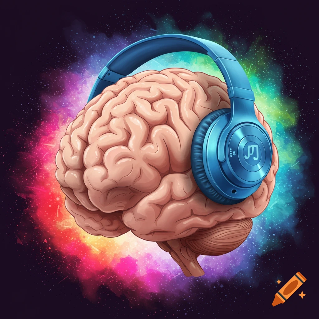A brain wearing blue headphones is shown against a colorful cosmic background.