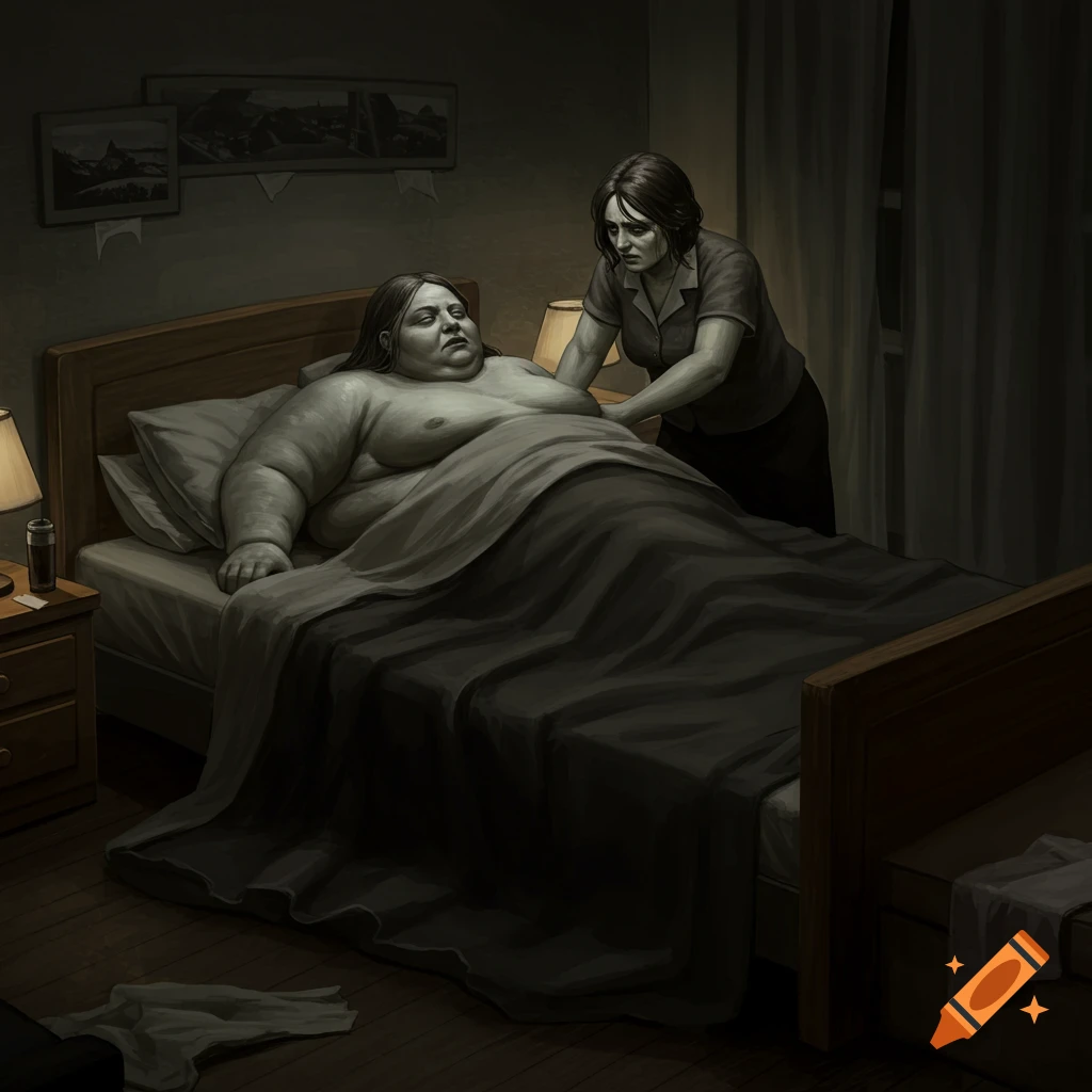 A very large person is in bed while another person leans over them.