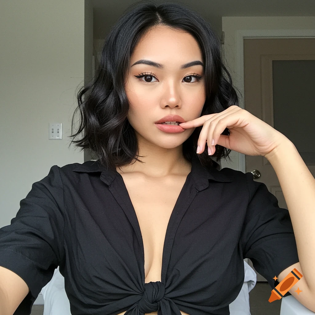 Selfie of a Southeast Asian woman with short wavy black hair biting her lip, wearing a black tied shirt.