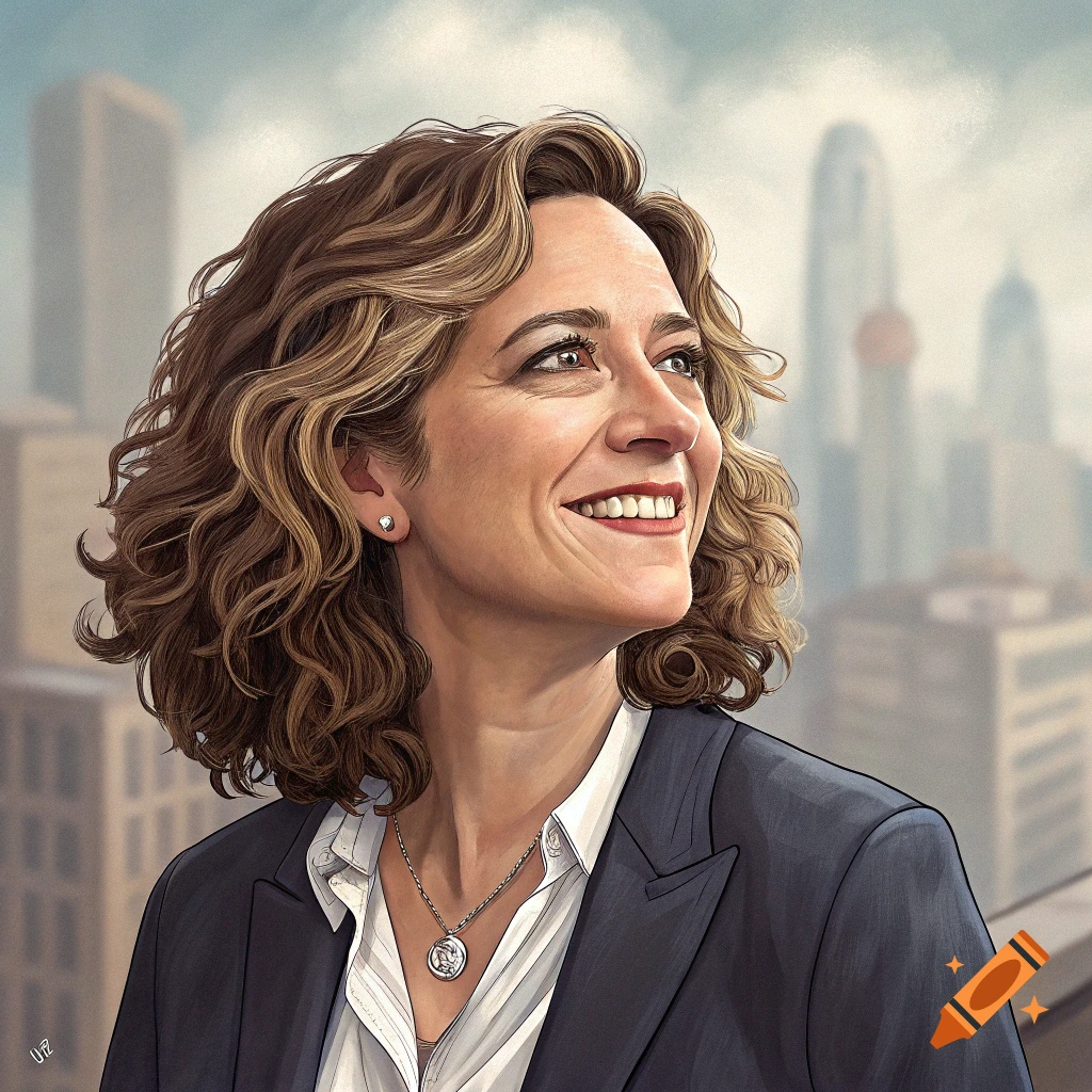 An illustration of a smiling woman with curly hair in a suit jacket, with a city skyline behind her.