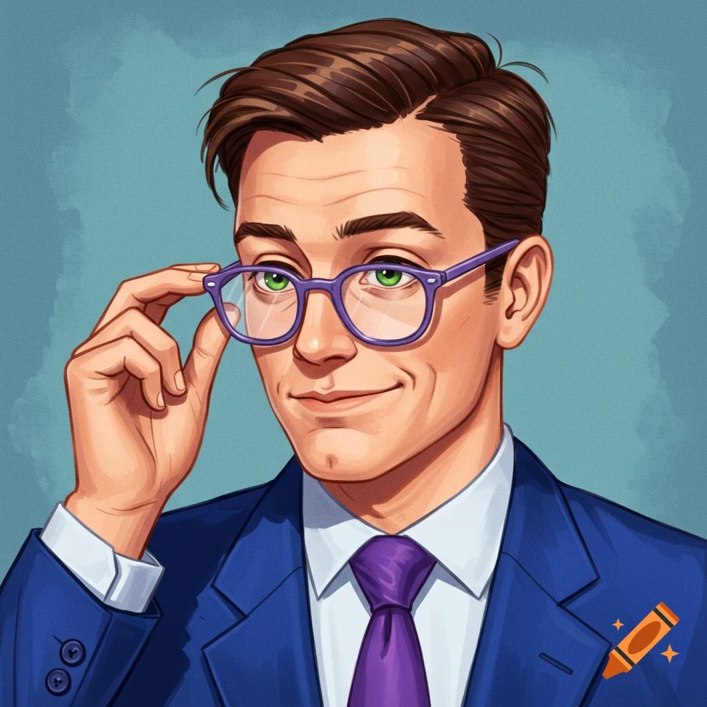 Cartoon portrait of a man in a blue suit and purple tie, adjusting his lavender glasses with a slight smirk.