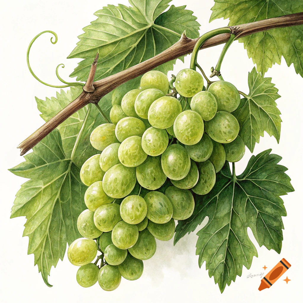 A cluster of green grapes and leaves on a vine in a watercolor style.