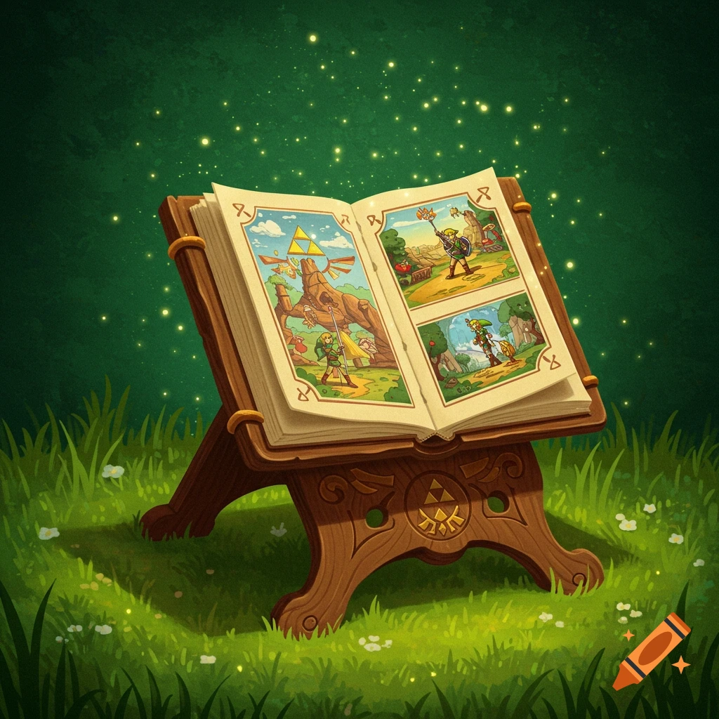 An open book displaying illustrations of Link on a wooden Zelda-themed stand in a grassy field.