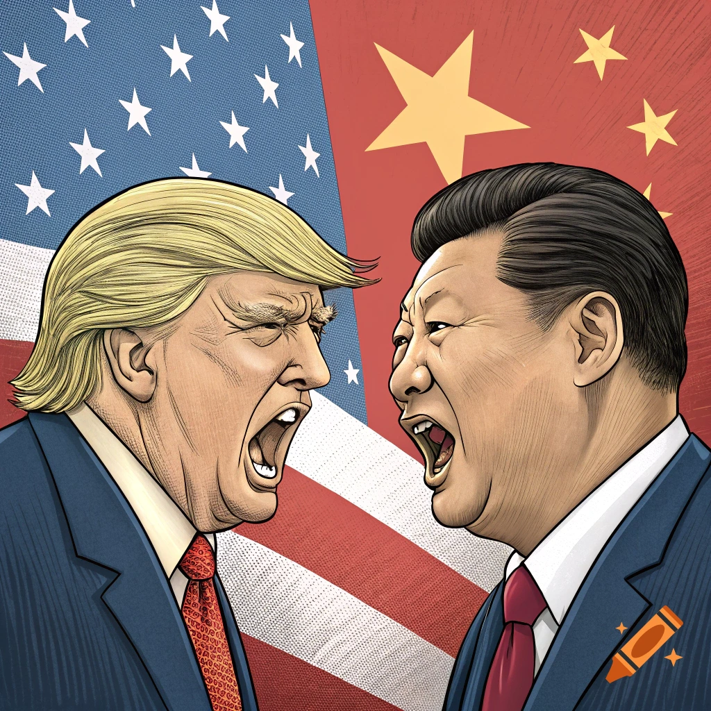 Cartoon illustration of Donald Trump and Xi Jinping shouting, with US and China flags in the background.