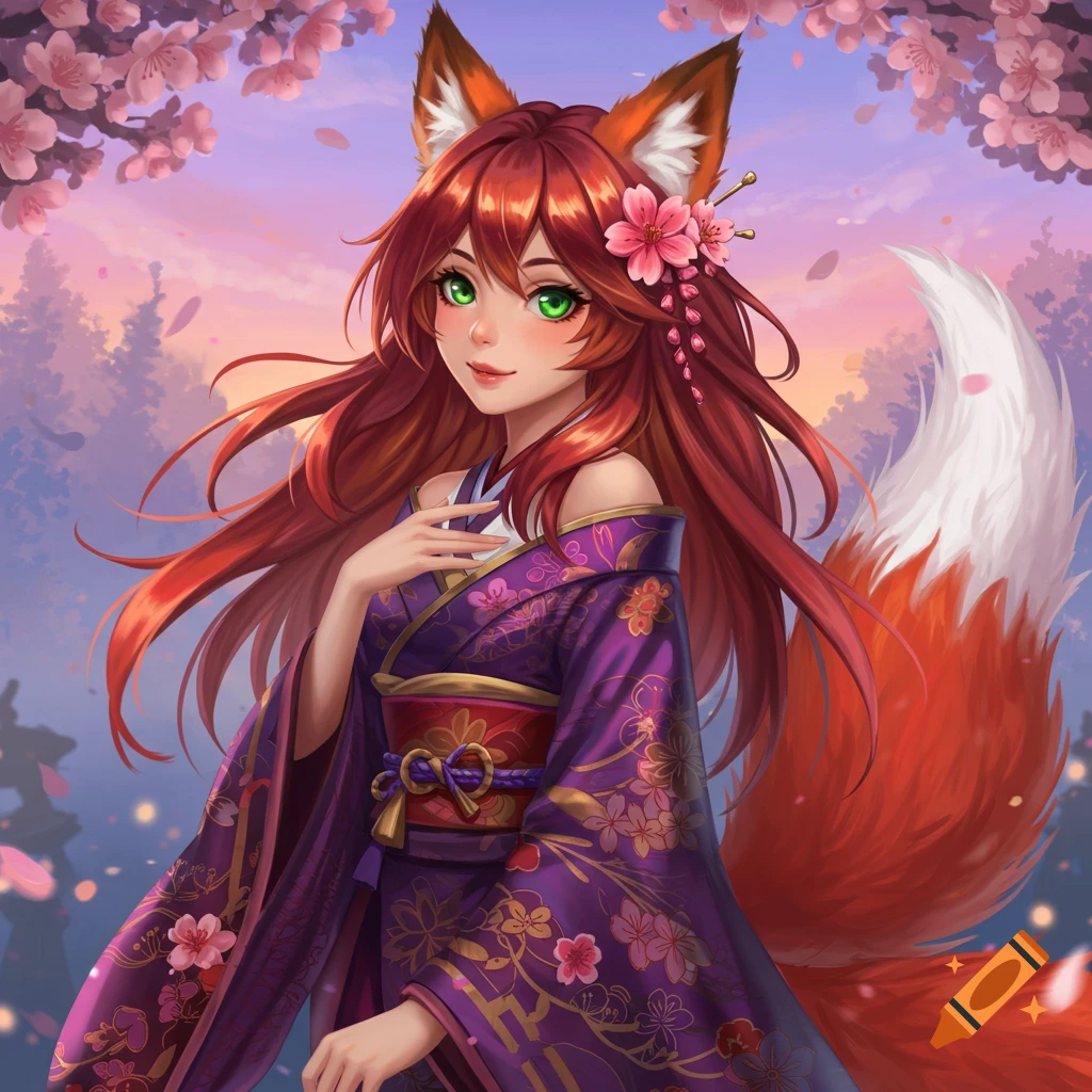 Anime-style fox spirit girl in a purple kimono with cherry blossoms.
