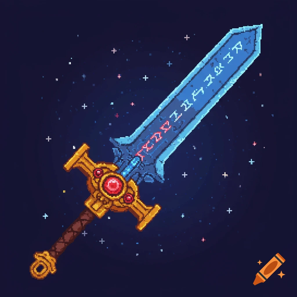 Pixel art of a glowing blue fantasy great sword with golden hilt and red gem, floating among stars.