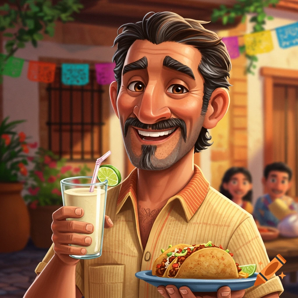 A smiling man is holding tacos and a drink in a festive outdoor setting.