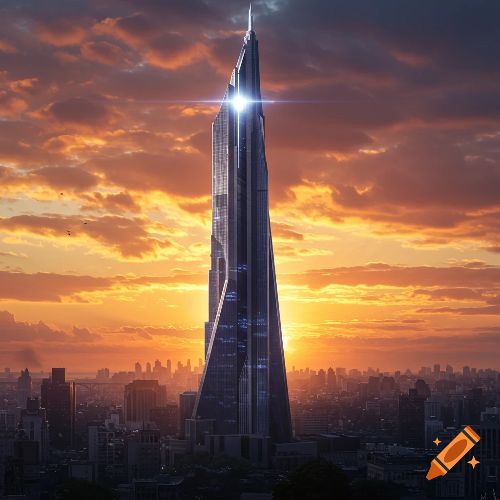 Futuristic skyscraper dominates a city skyline at sunset.