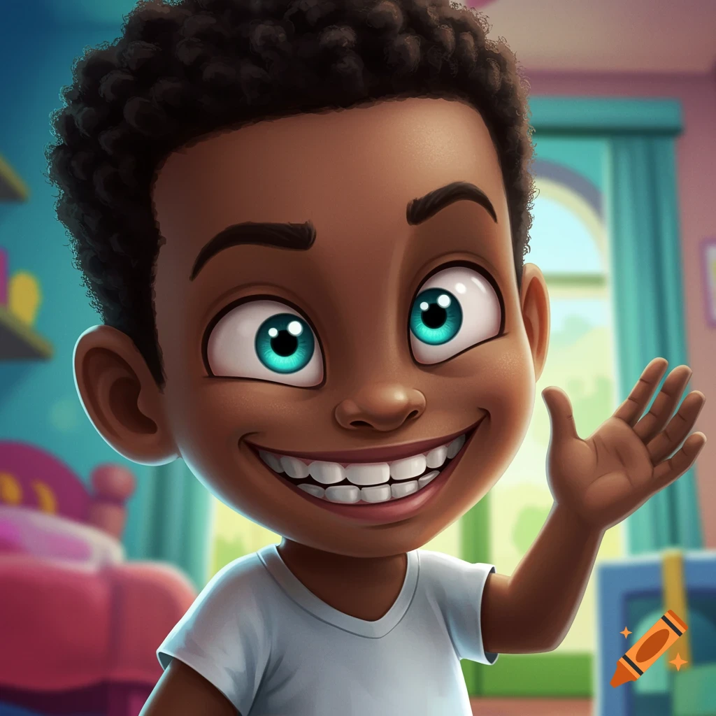 A cartoon of a dark-skinned boy with big eyes, smiling and waving.