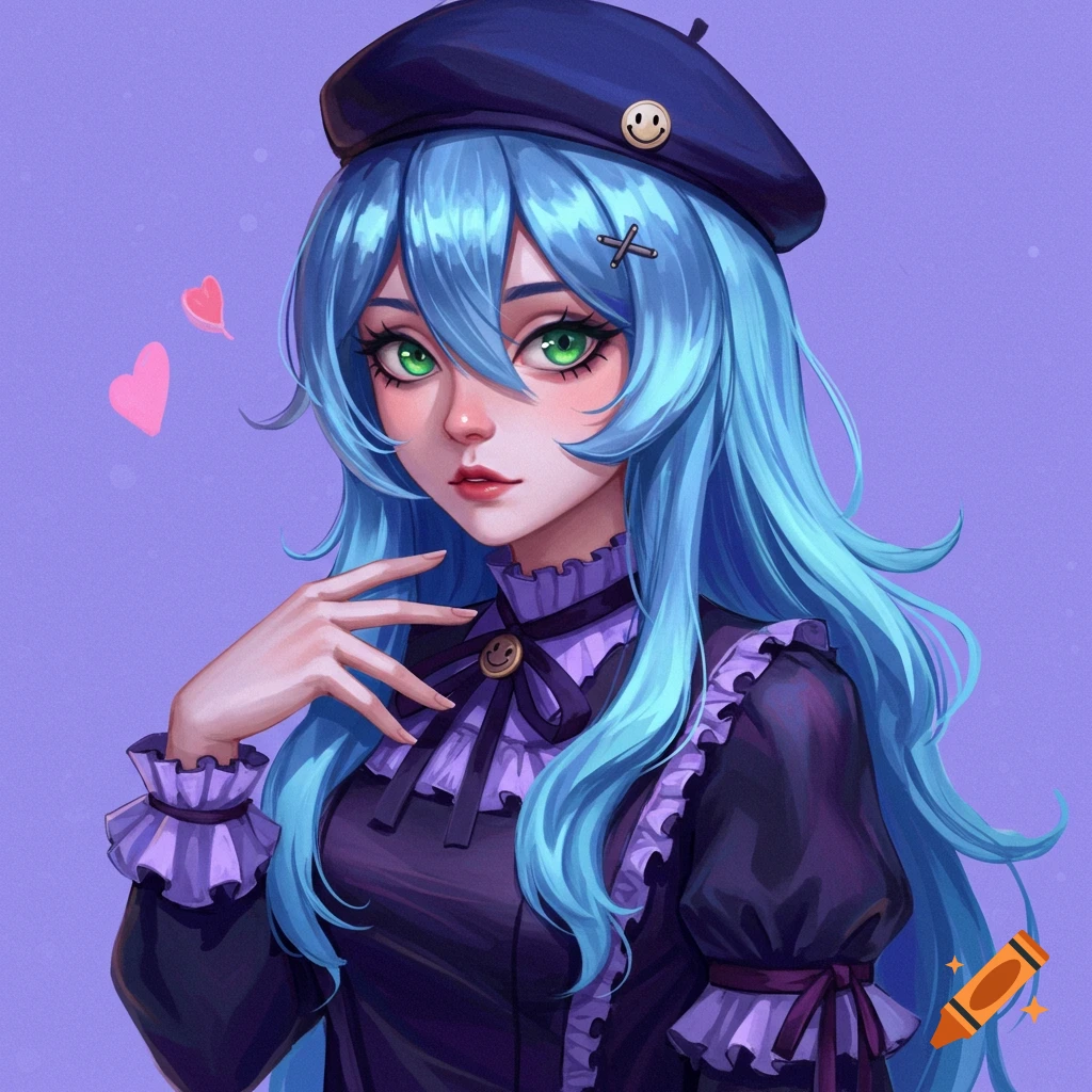 A woman with blue hair and green eyes wears a beret and a black dress with purple frills.