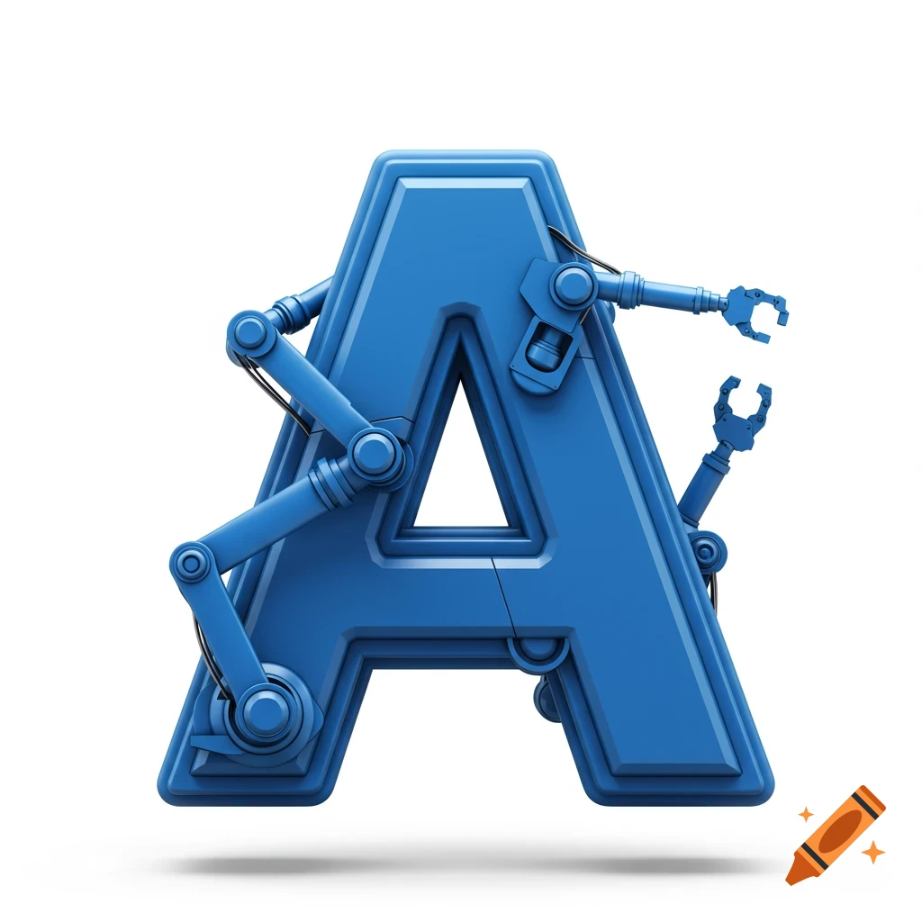 3D render of a blue letter A with integrated robotic arms