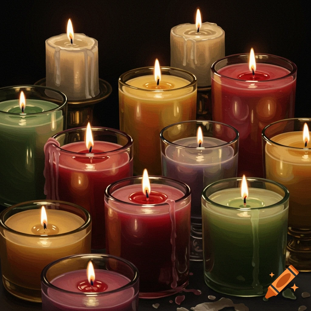 Colorful burning candles in glass holders