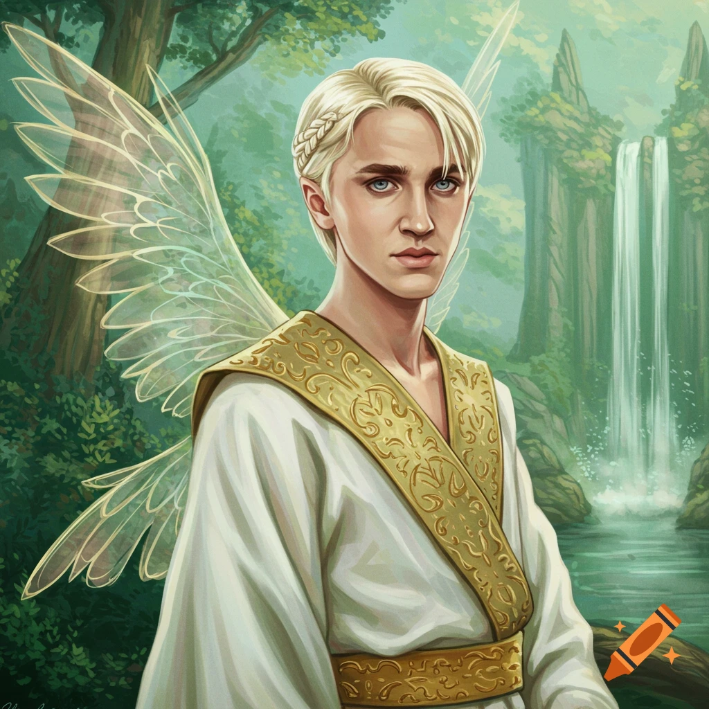 A young man with blonde braided hair, wearing a white robe with gold trim and ethereal wings, is in a forest with a waterfall.
