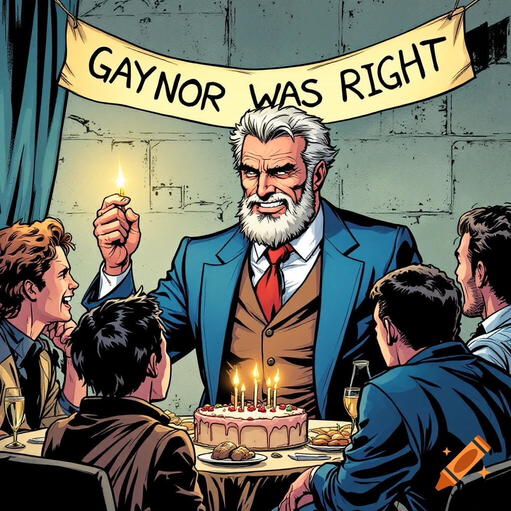 A man in a suit holds a candle in front of a birthday cake and party guests, with a banner overhead saying "Gaynor was Right." Comic book style.