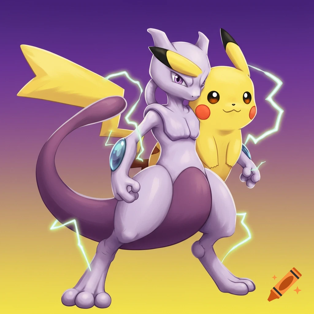 Mewtwo and Pikachu together with lightning
