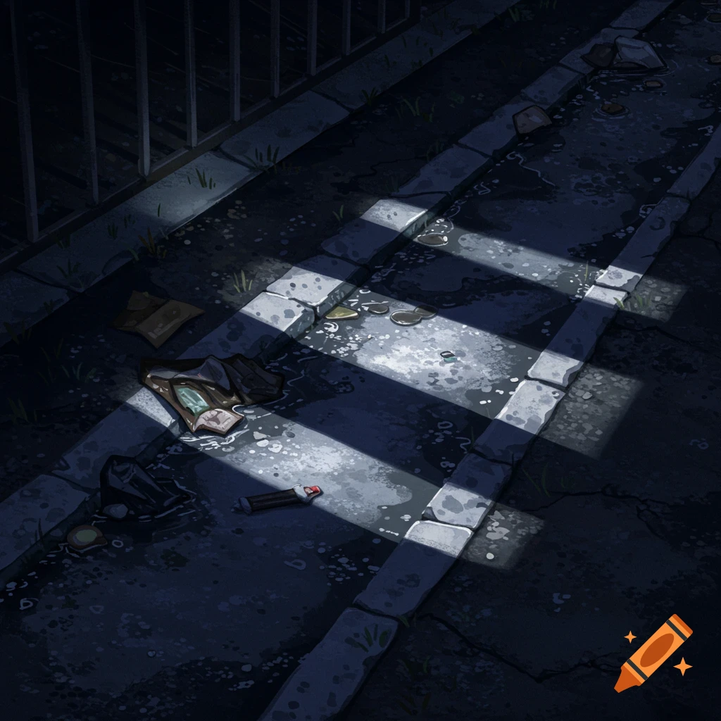 Moonlight casts stripes onto a street gutter with discarded items.