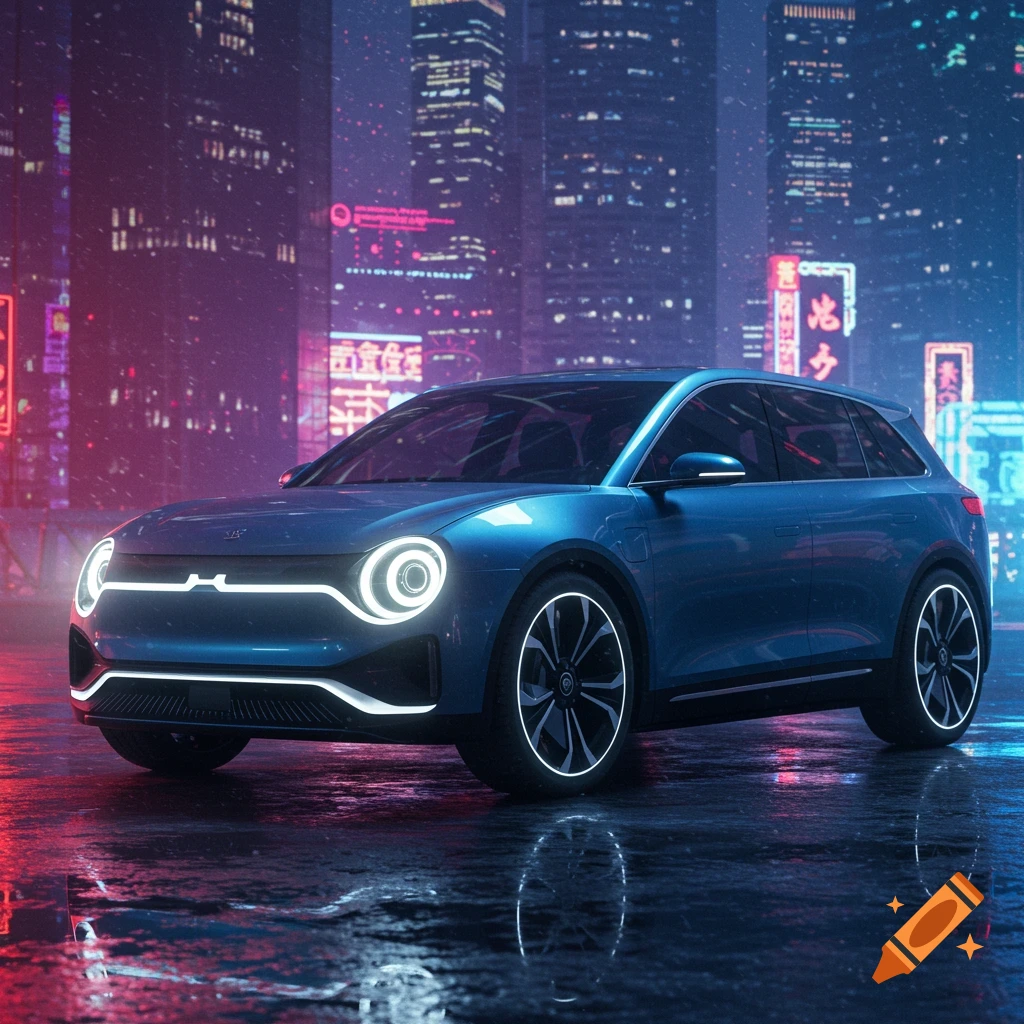 A blue futuristic car parked on a wet street in a neon-lit cyberpunk city at night.