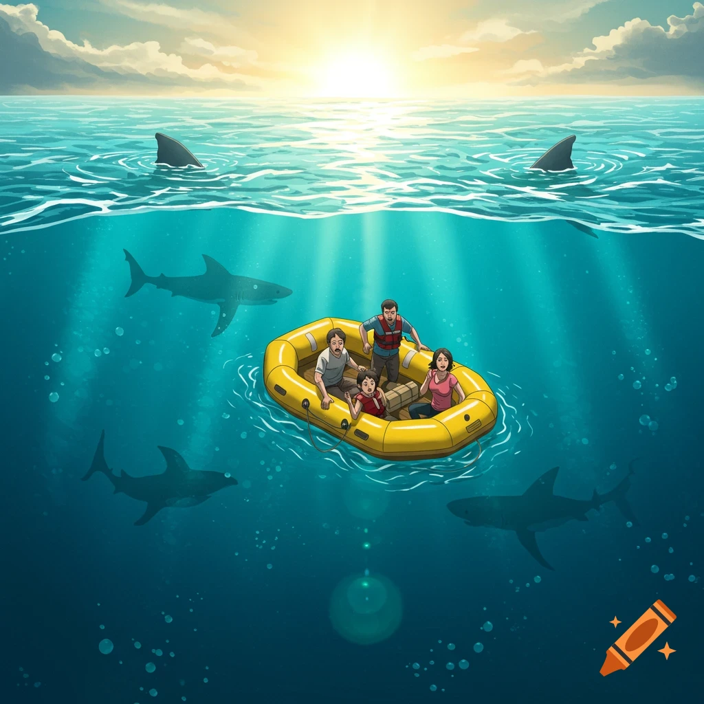 A family in a yellow raft is surrounded by sharks in the ocean under a setting sun.