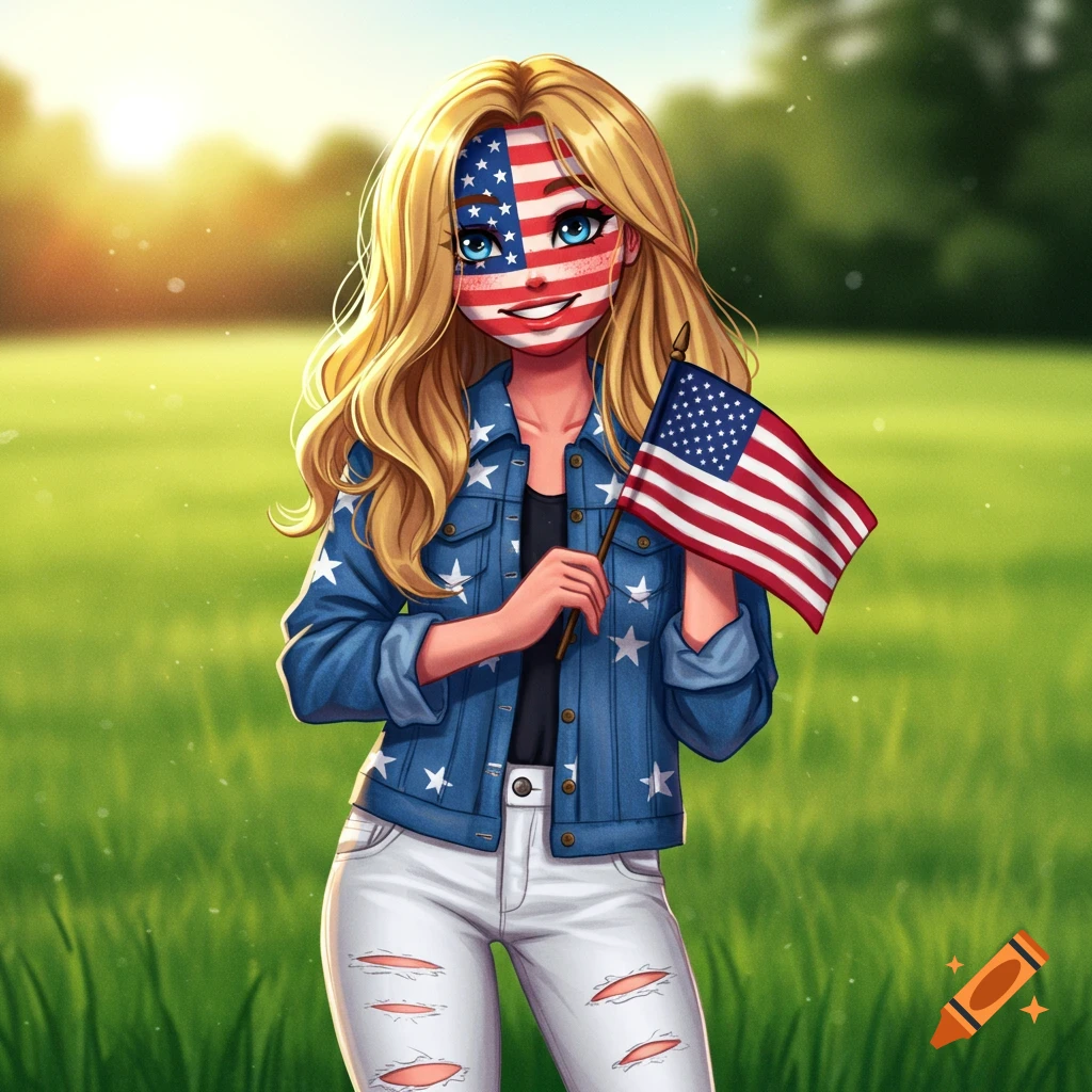 A young woman with the American flag painted on her face, holding a small flag in a field.