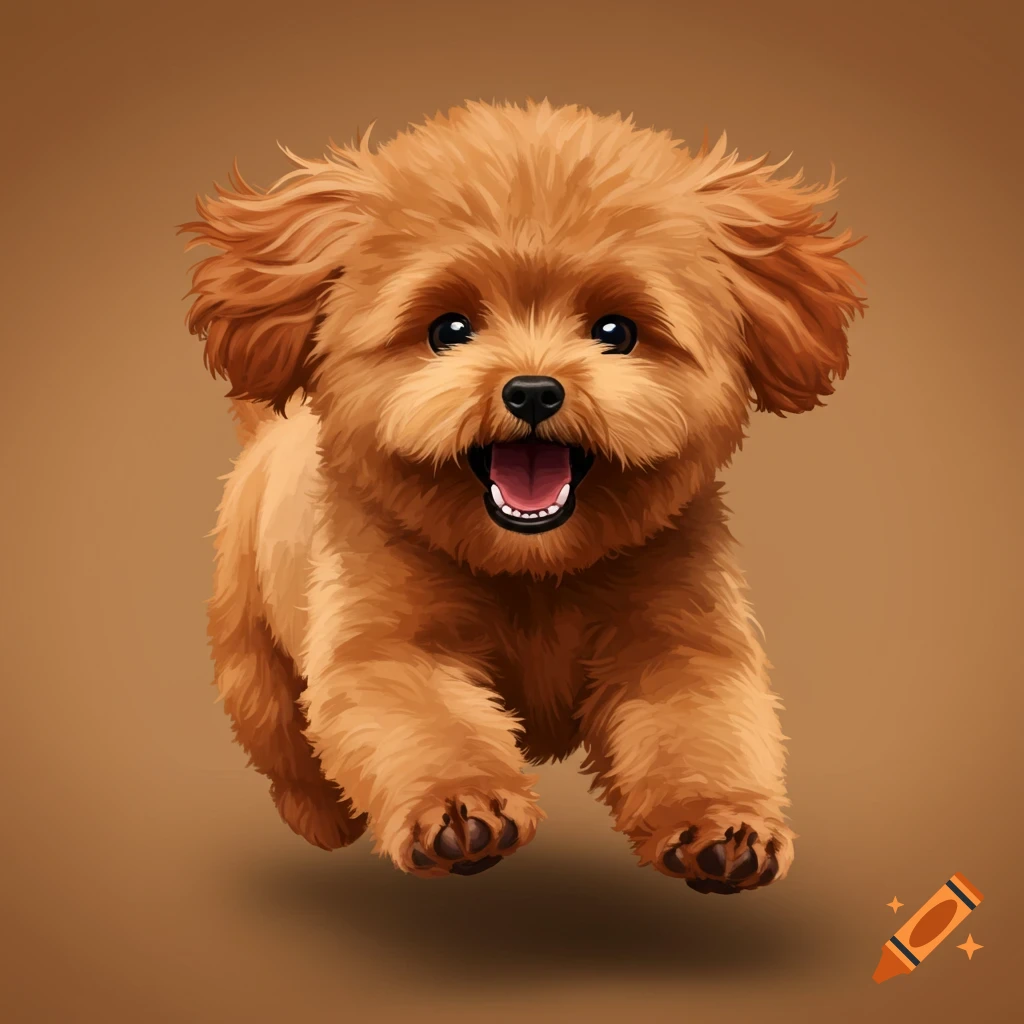 A happy brown puppy is running forward