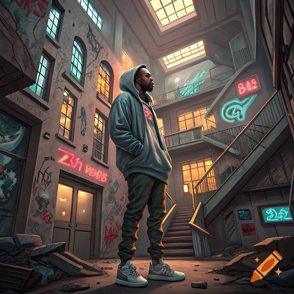 A man in a gray hoodie stands in a gritty urban area with graffiti, neon signs, and destroyed architecture.