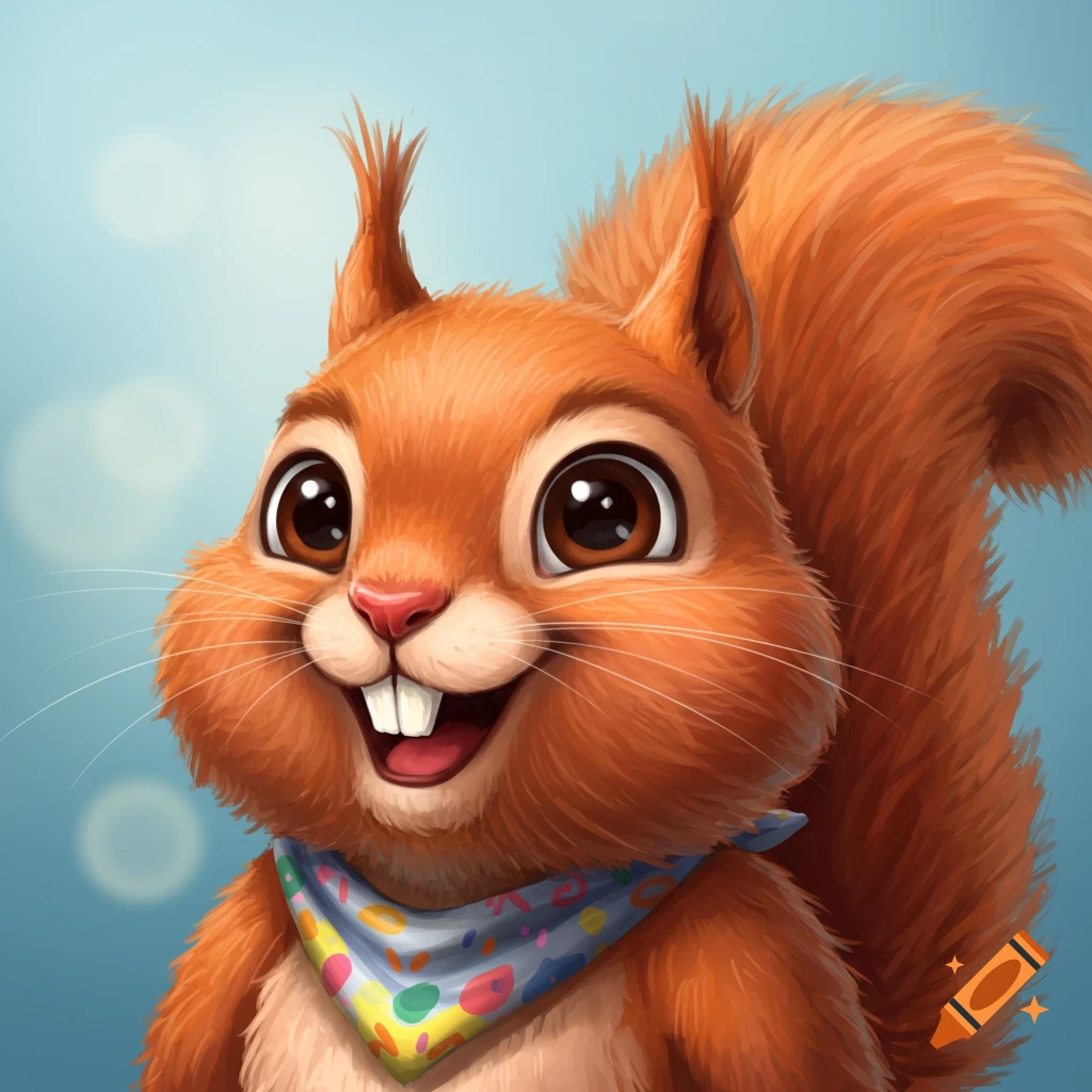 A close-up of a cute squirrel avatar with big eyes and a satisfied expression, wearing a polka dot bandana.