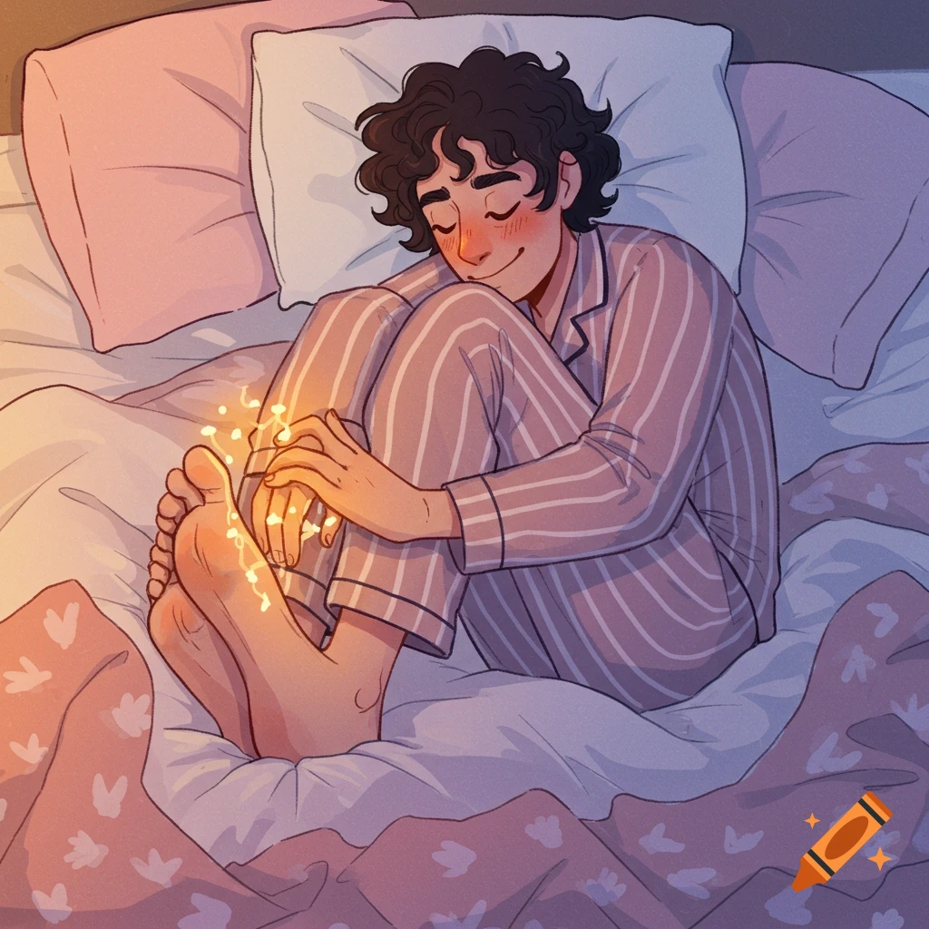 A person in striped pajamas curled up in bed, holding their feet with glowing string lights.