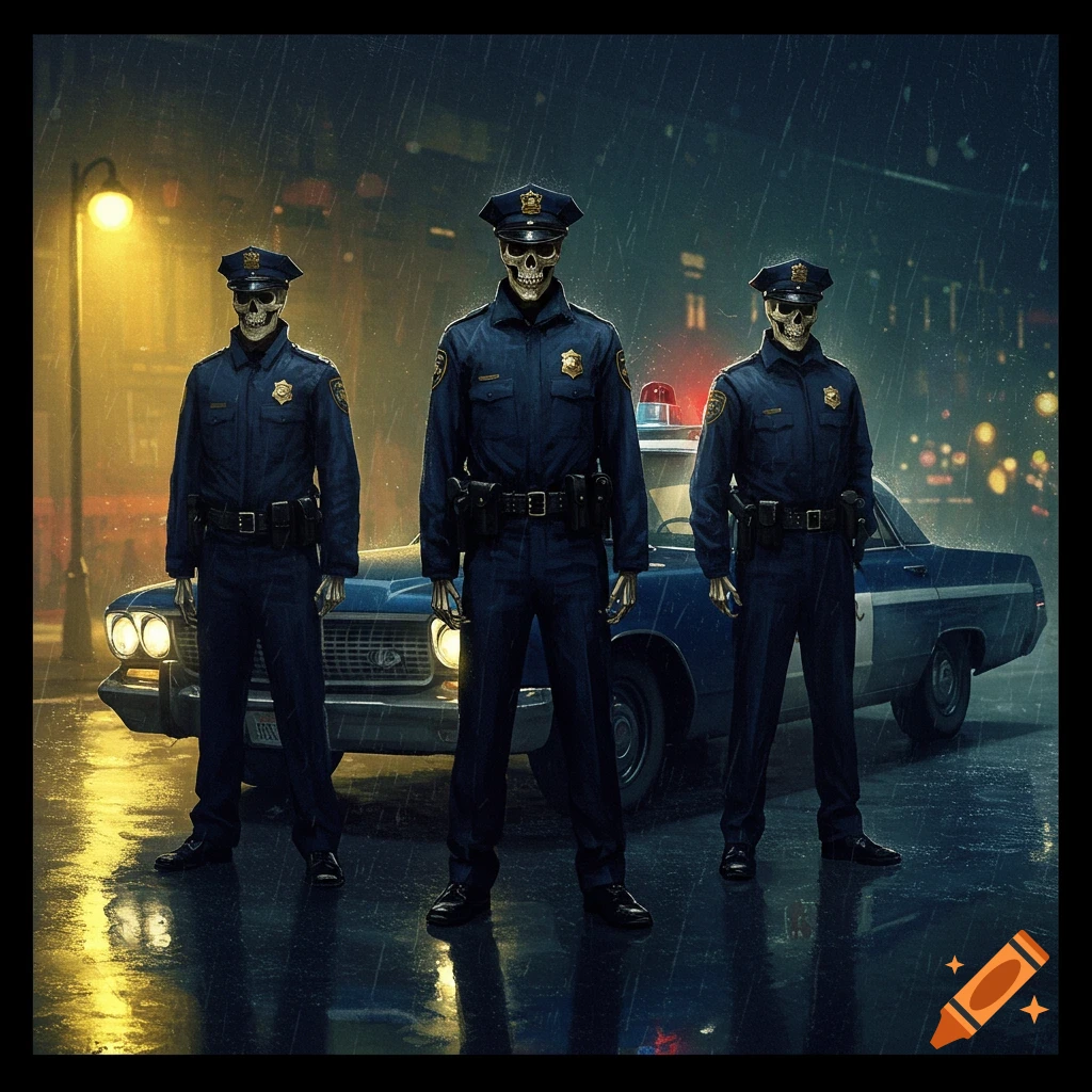 Three skeleton police officers stand in the rain in front of a police car.