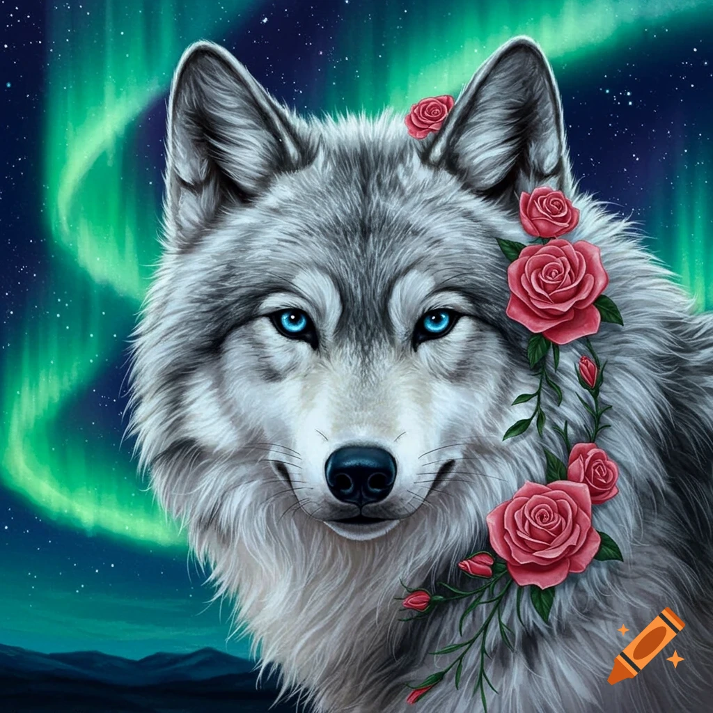 Close-up of a wolf's head with blue eyes, roses in its fur, against a background of northern lights and stars.