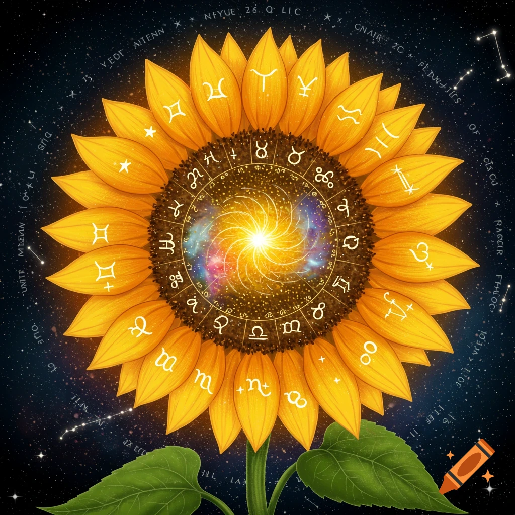 A sunflower is depicted with astrological zodiac symbols on its petals and seed head. The sunflower is centered against a background of a galaxy and stars in space.