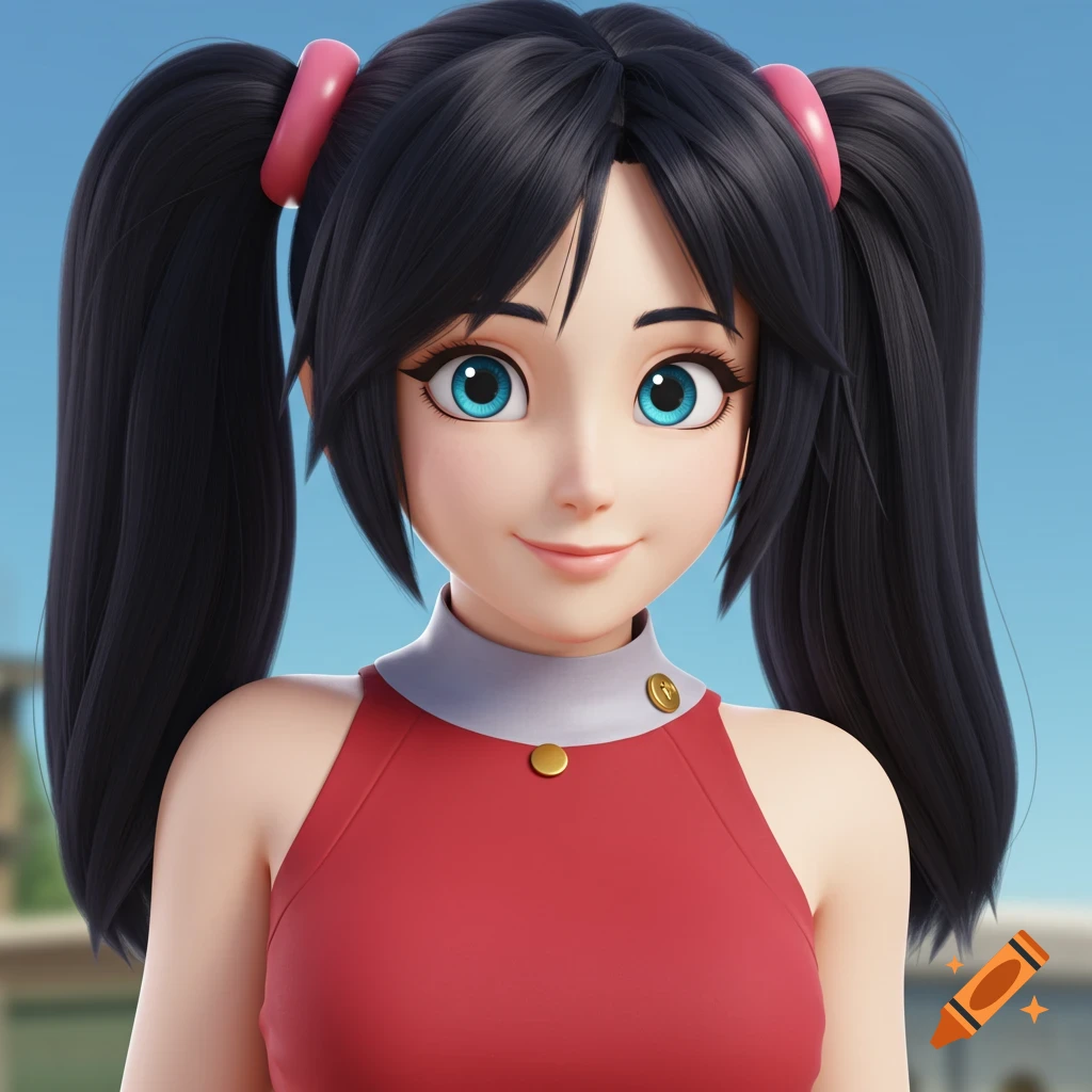 A 3D animated bust shot of a young girl with black pigtails and blue eyes wearing a red top.