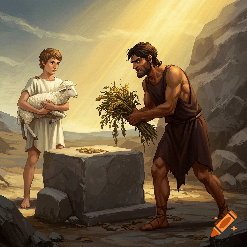 Two men offer a lamb and crops on a stone altar in a desert landscape.