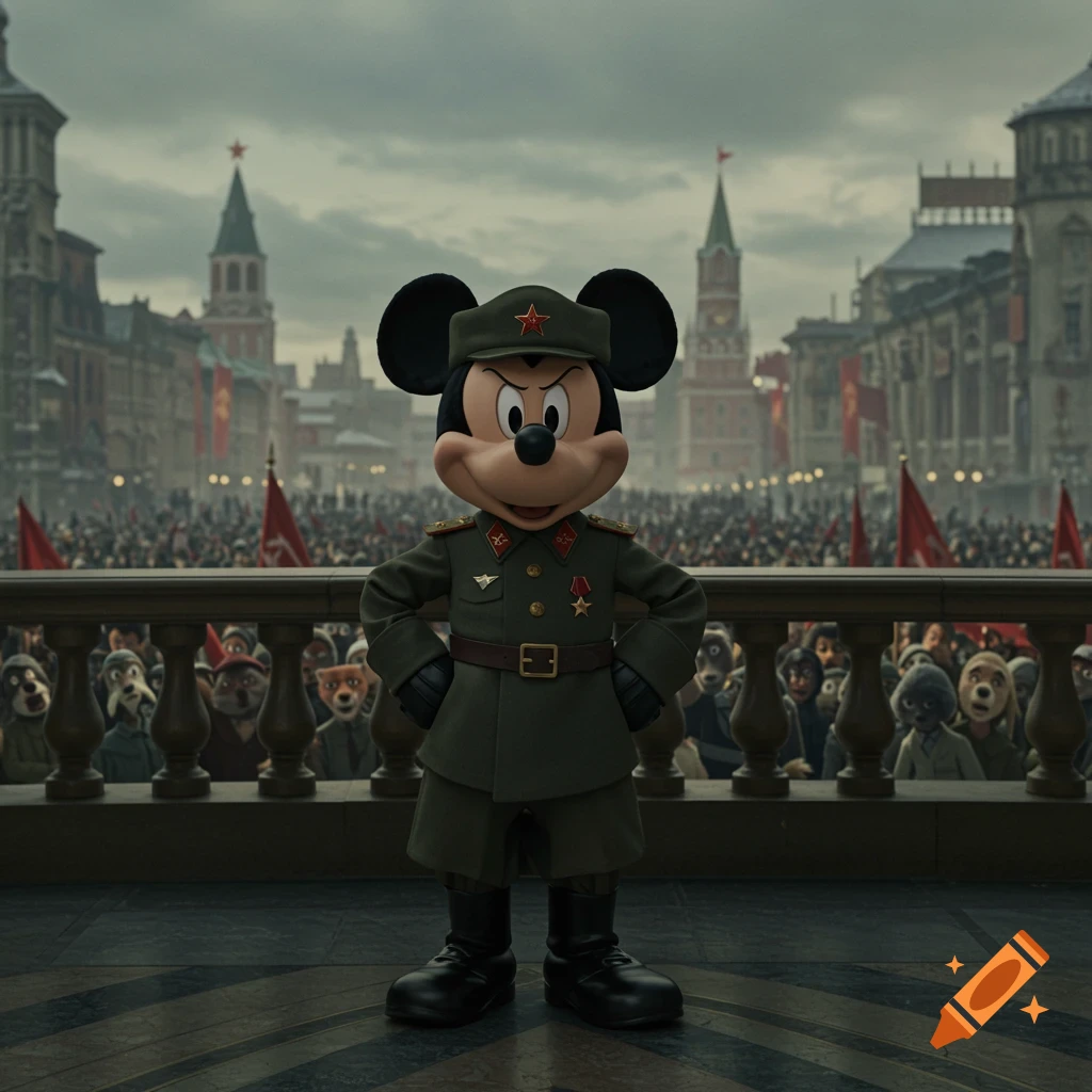 Mickey Mouse in a Soviet military uniform stands on a balcony overlooking a crowd and buildings, cinematic style.