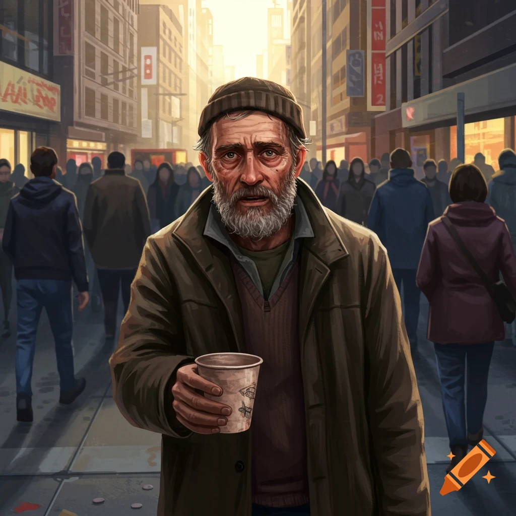 An old man is holding out a cup while begging on a busy city street.