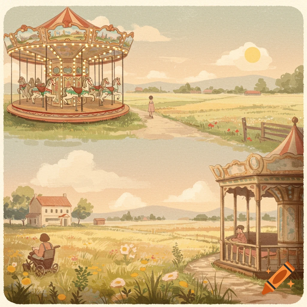 Nostalgic illustration of a carousel, field, and people in two panels.