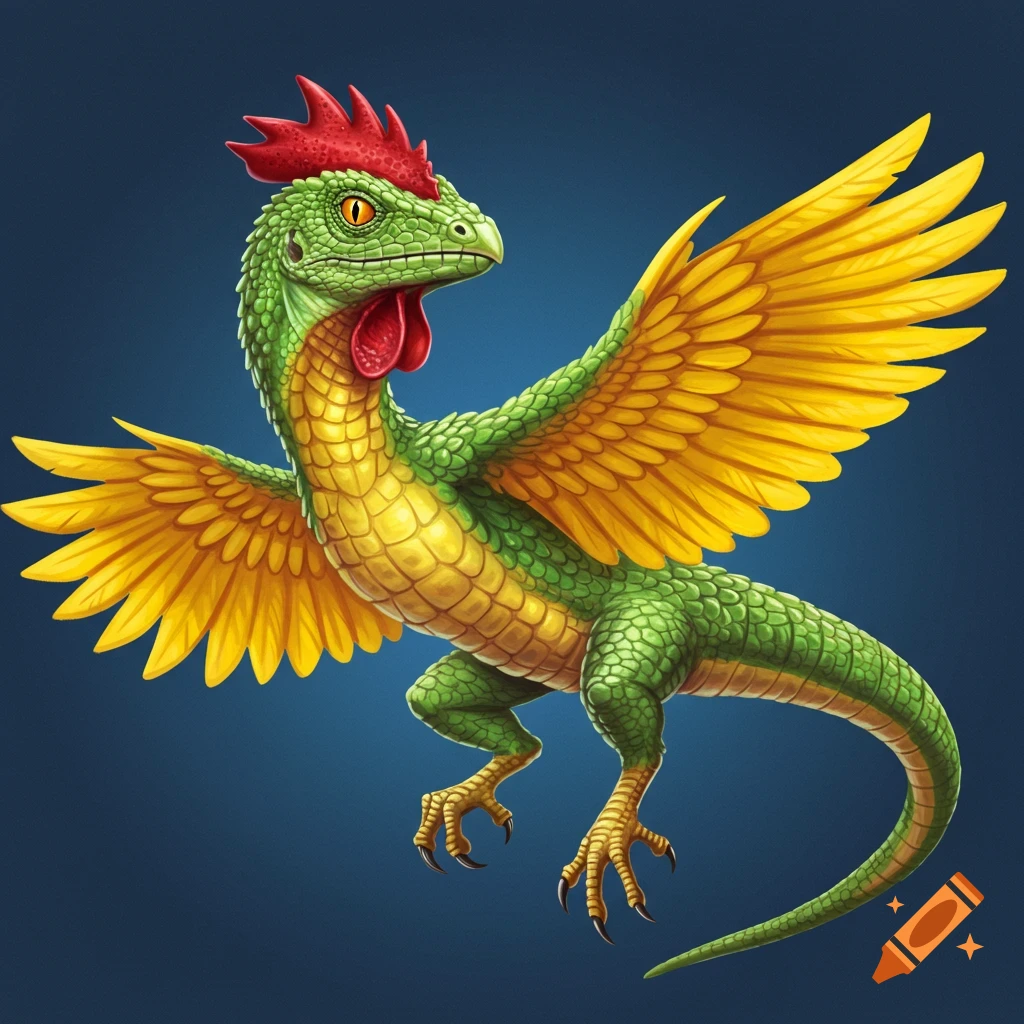 A green chicken-lizard hybrid creature with yellow wings